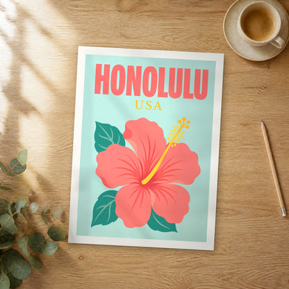Unframed Honolulu pop art travel poster on a wooden table