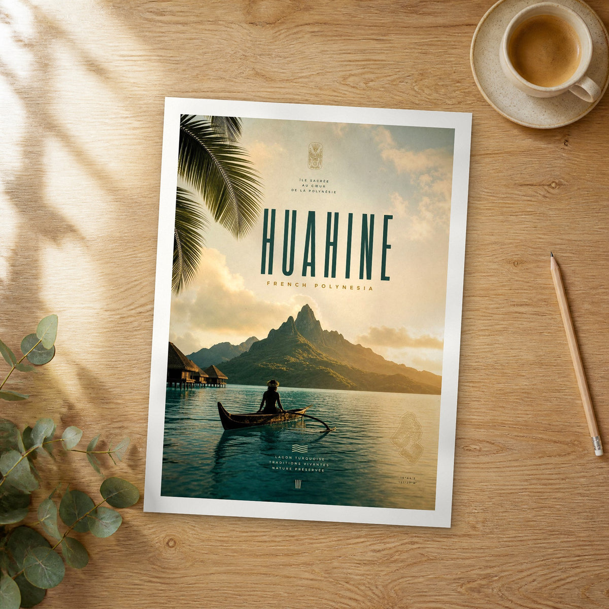Unframed Huahine bold typography travel poster on a wooden table