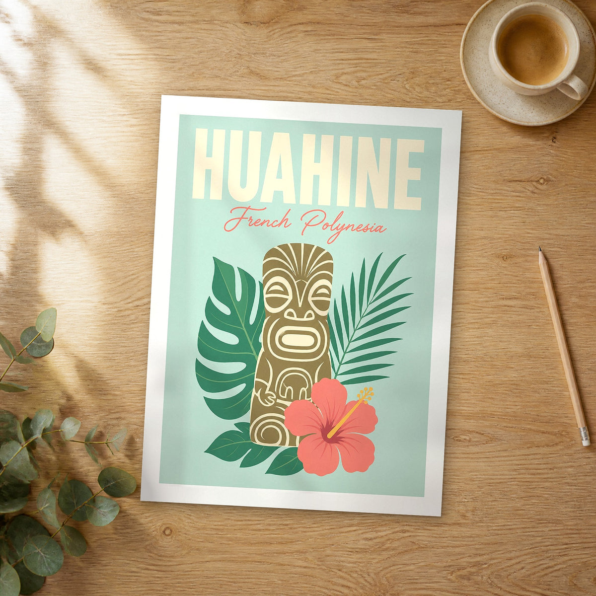 Unframed Huahine pastel pop art travel poster on a wooden table