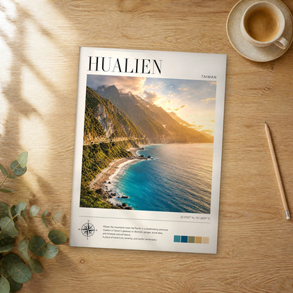 Unframed Hualien modern photography travel poster on a wooden table