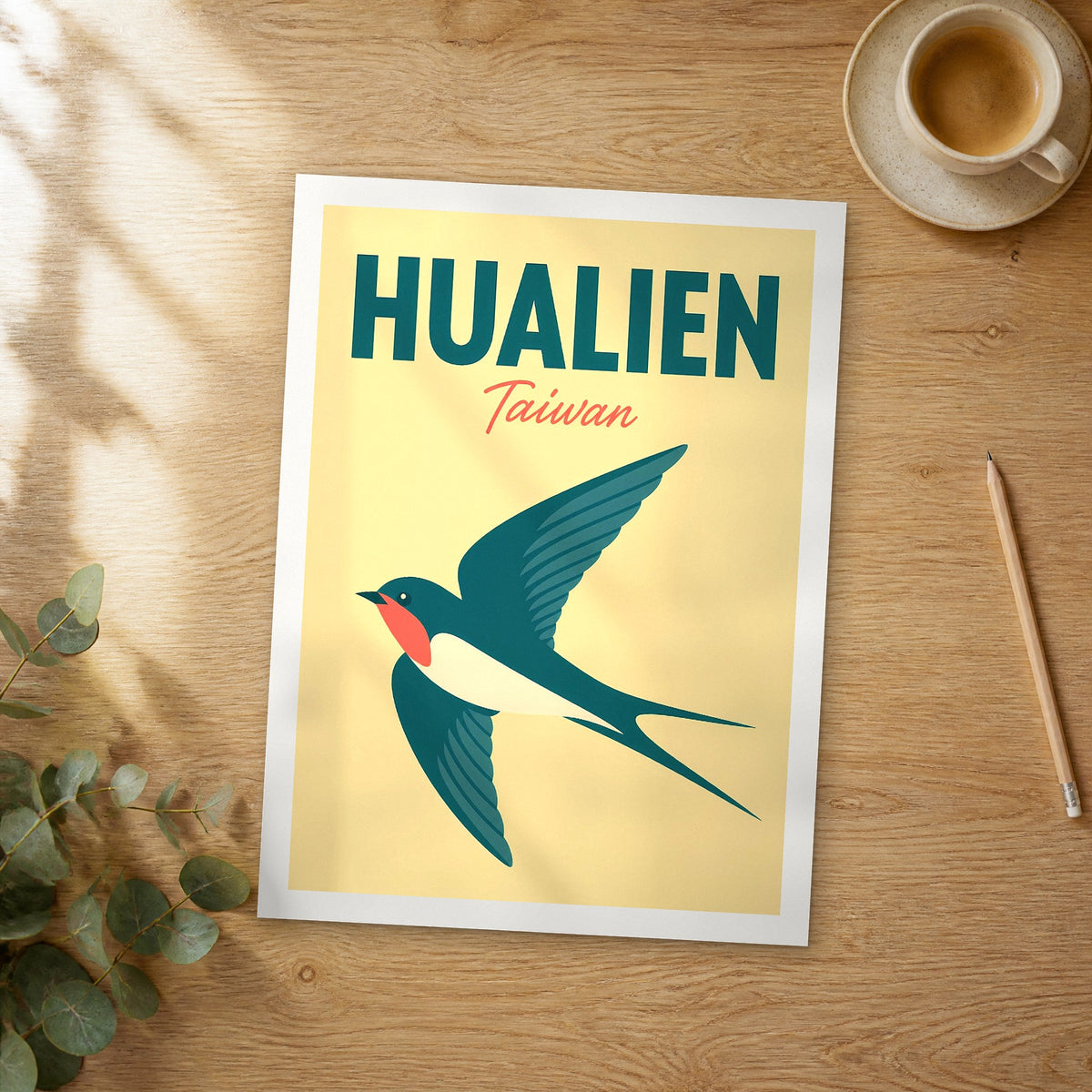 Unframed Hualien pop art travel poster on a wooden table
