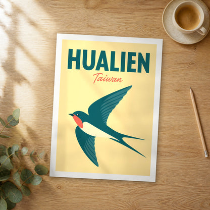 Unframed Hualien pop art travel poster on a wooden table