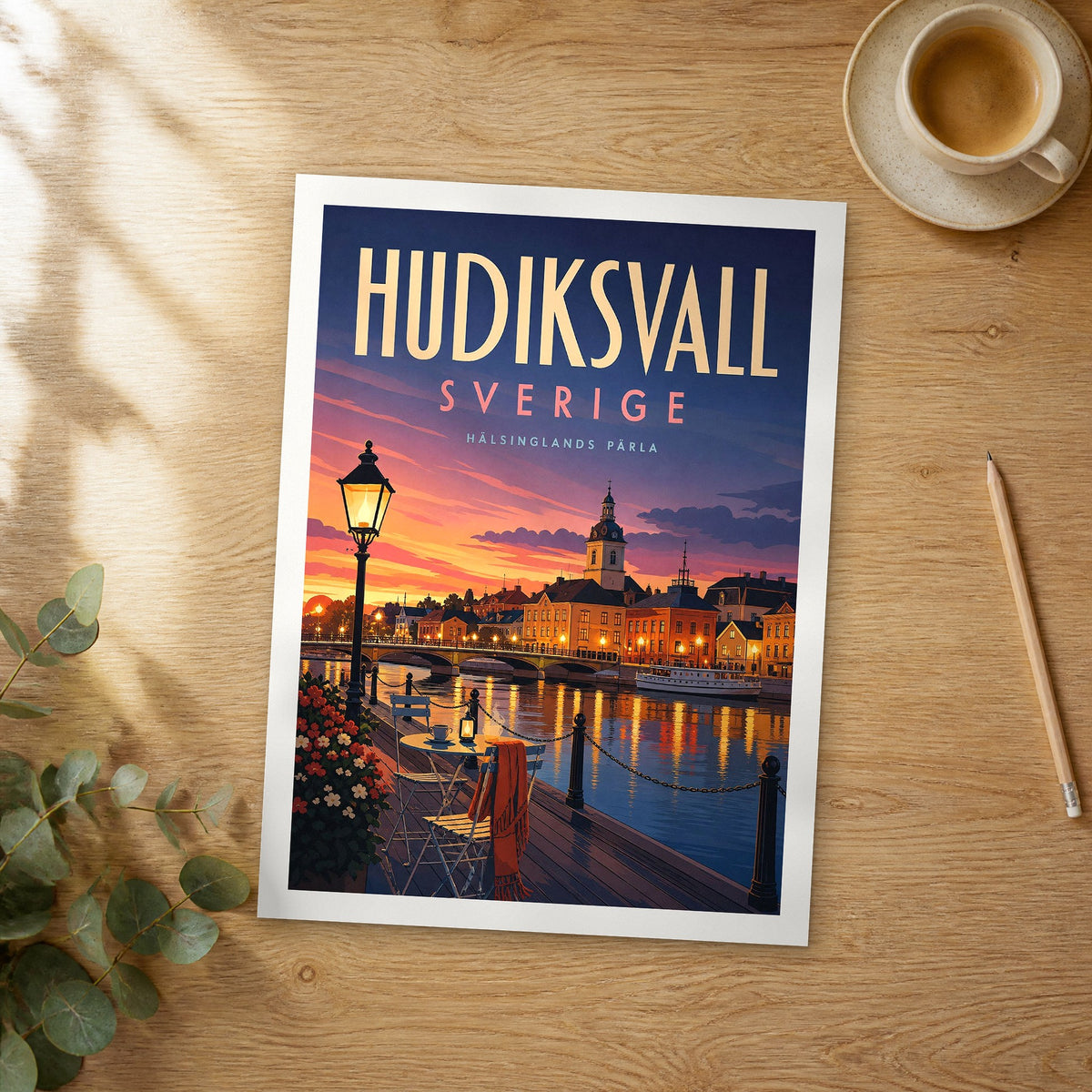 Unframed Hudiksvall retro travel poster on a wooden table