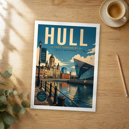 Unframed Hull retro travel poster on a wooden table