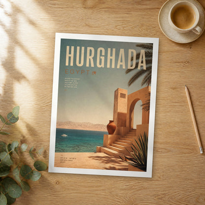 Unframed Hurghada bold typography travel poster on a wooden table