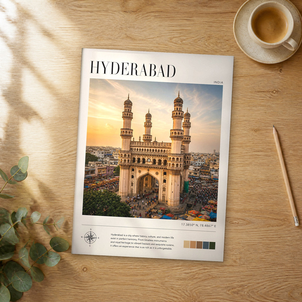 Unframed Hyderabad modern photography travel poster on a wooden table