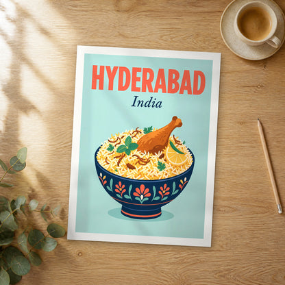 Unframed Hyderabad pop art travel poster on a wooden table