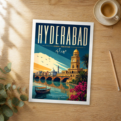 Unframed Hyderabad retro travel poster on a wooden table
