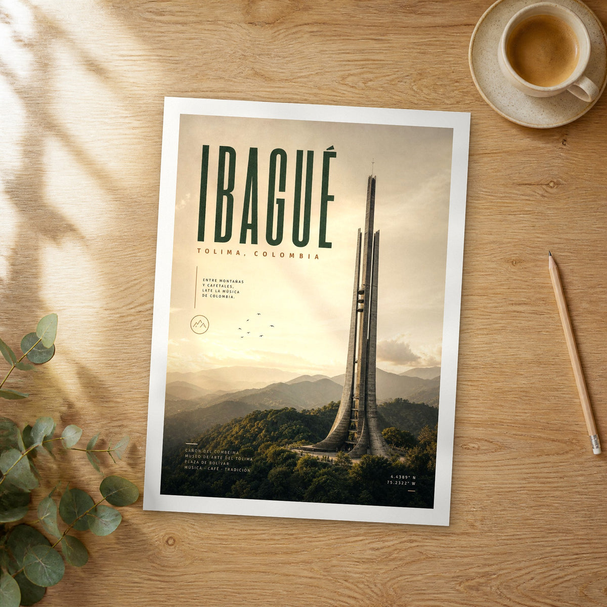 Unframed Ibagué bold typography travel poster on a wooden table