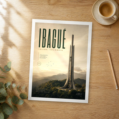 Unframed Ibagué bold typography travel poster on a wooden table