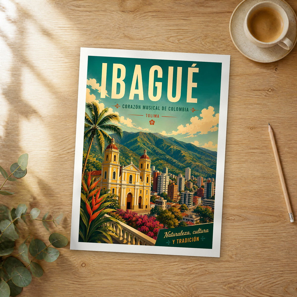Unframed Ibagué retro travel poster on a wooden table