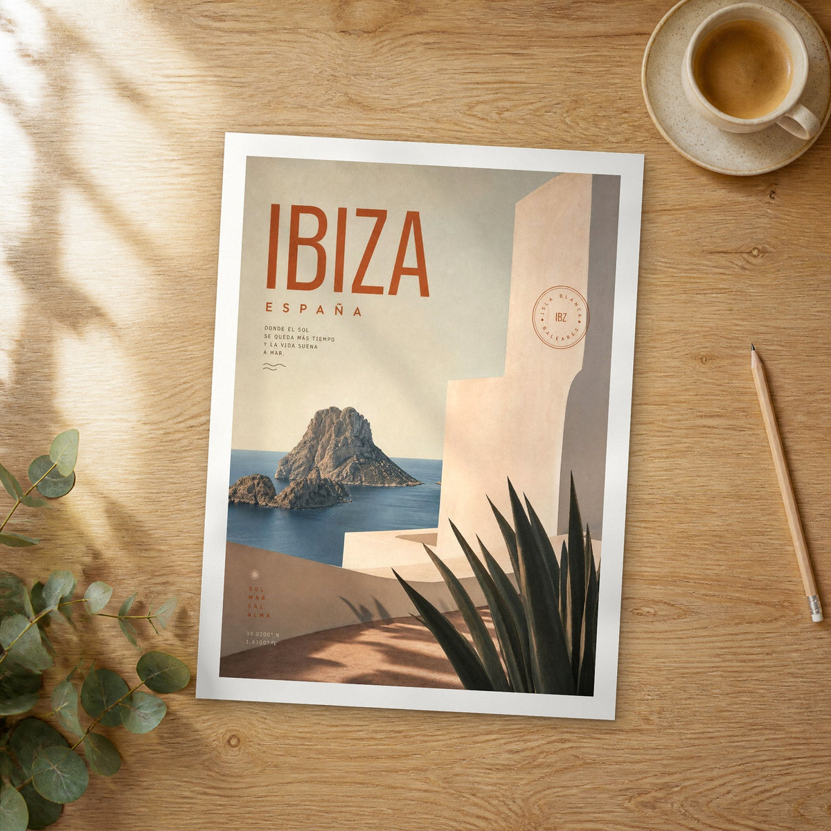 Unframed Ibiza bold typography travel poster on a wooden table