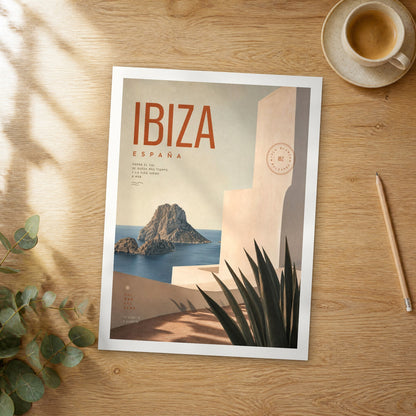 Unframed Ibiza bold typography travel poster on a wooden table