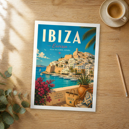Unframed Ibiza retro travel poster on a wooden table