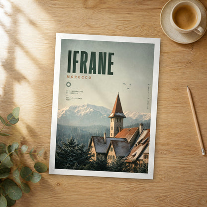 Unframed Ifrane bold typography travel poster on a wooden table