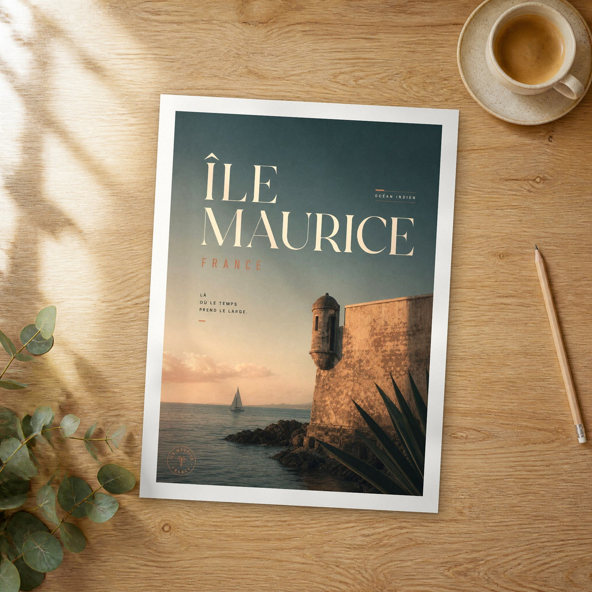Unframed ile maurice bold typography travel poster on a wooden table