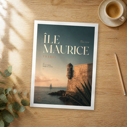 Unframed ile maurice bold typography travel poster on a wooden table