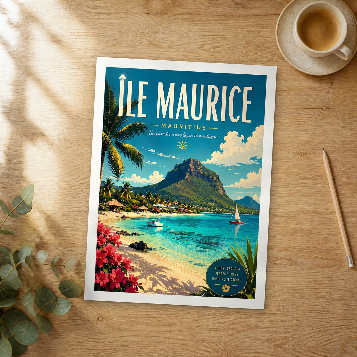 Unframed ile maurice retro travel poster on a wooden table