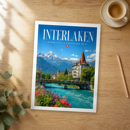 Unframed Interlaken editorial travel poster on a wooden table