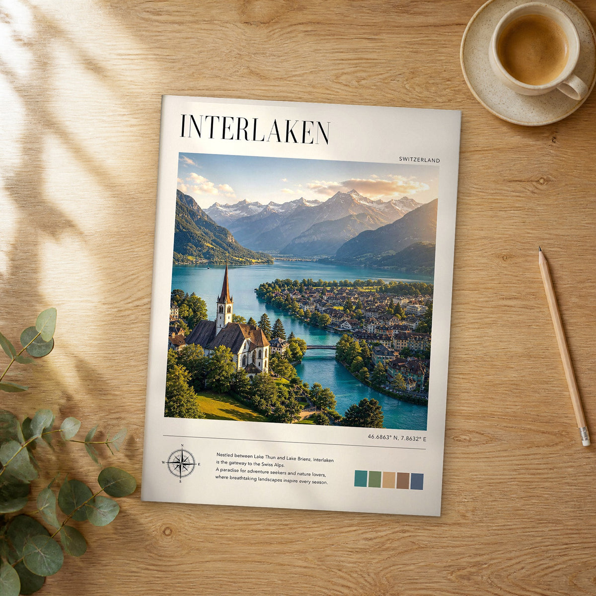 Unframed Interlaken modern photography travel poster on a wooden table