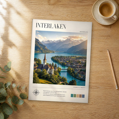 Unframed Interlaken modern photography travel poster on a wooden table