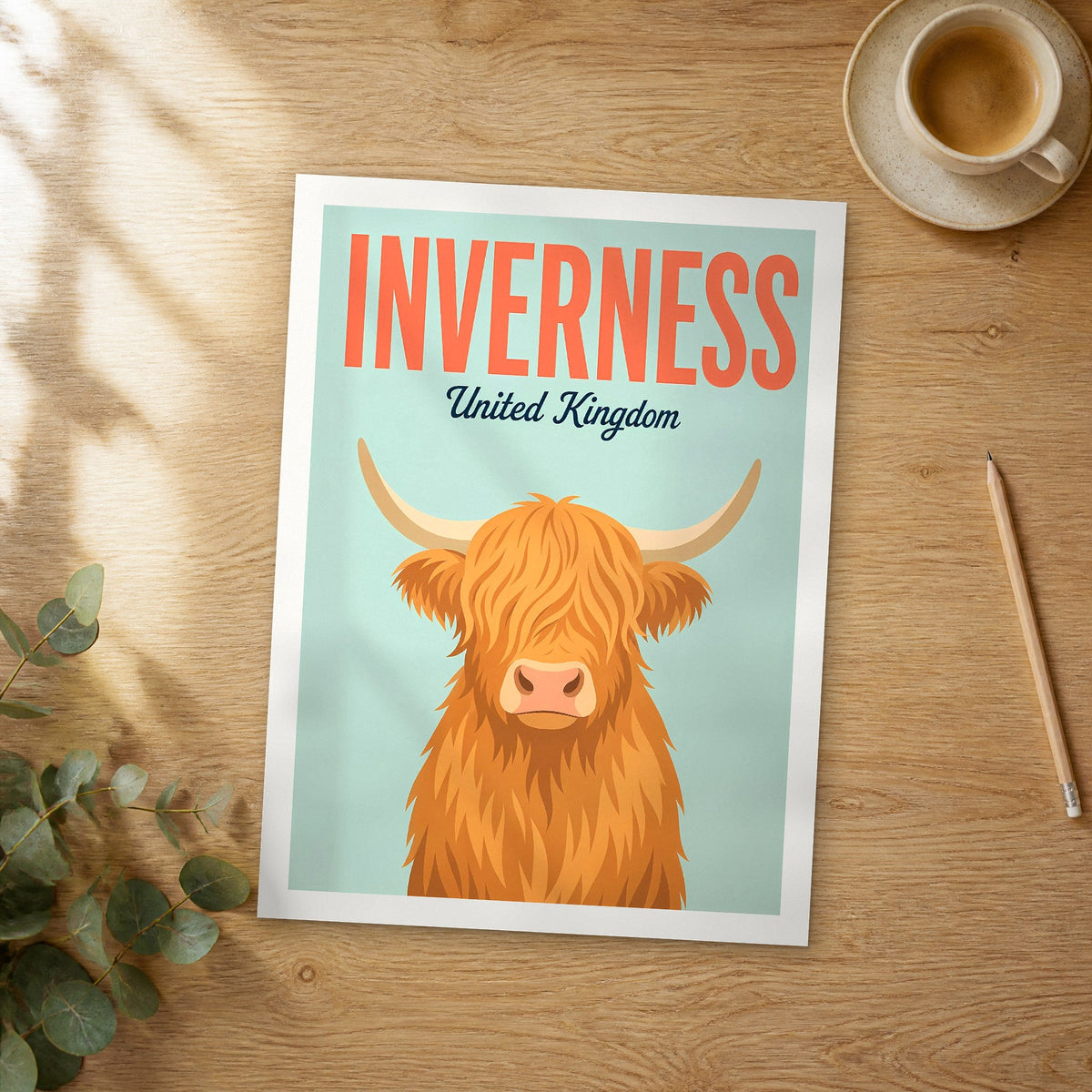 Unframed Inverness pop art travel poster on a wooden table