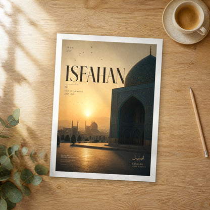 Unframed Isfahan bold typography travel poster on a wooden table