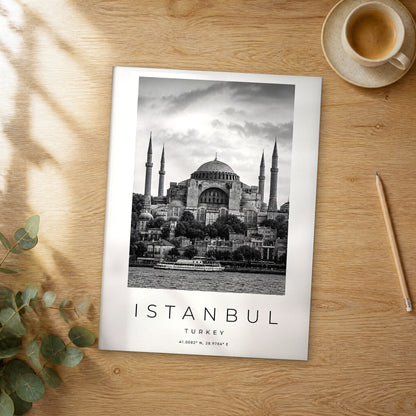 Unframed Istanbul black and white travel poster on a wooden table