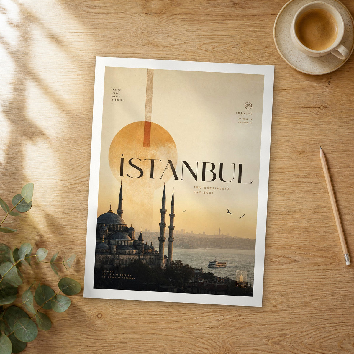 Unframed Istanbul Blue Mosque at Sunset bold typography travel poster on a wooden table