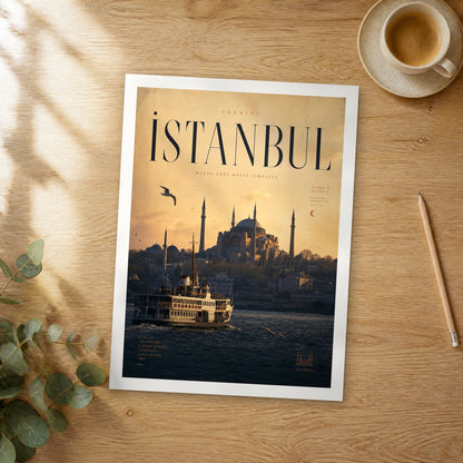 Unframed Istanbul Hagia Sophia Ferry bold typography travel poster on a wooden table