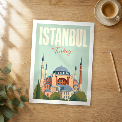 Unframed Istanbul pastel pop art travel poster on a wooden table