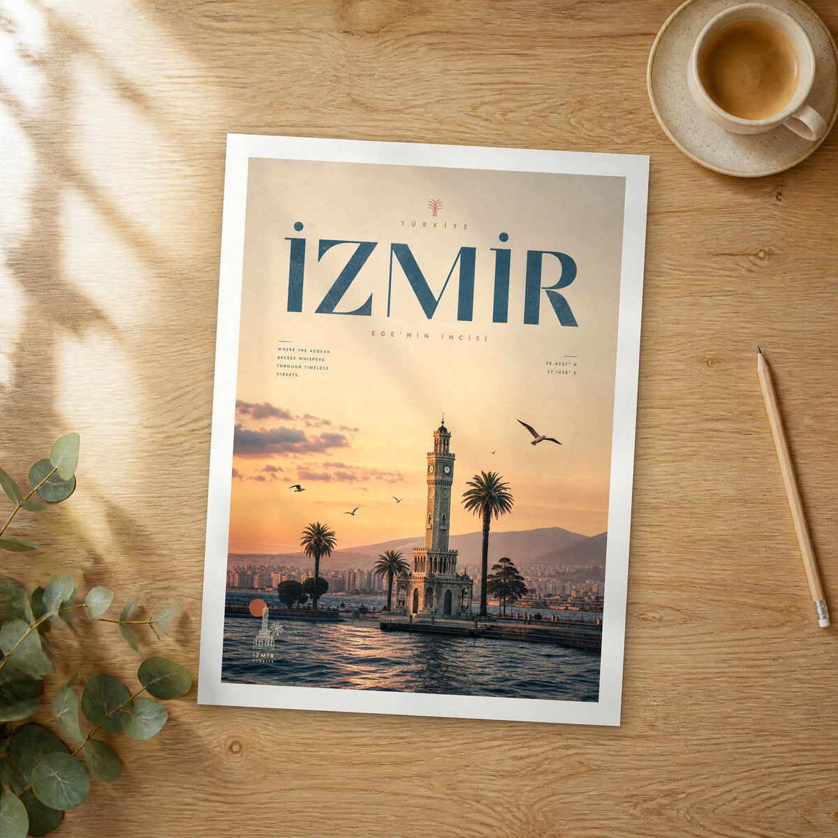 Unframed Izmir bold typography travel poster on a wooden table
