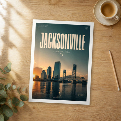 Unframed Jacksonville bold typography travel poster on a wooden table