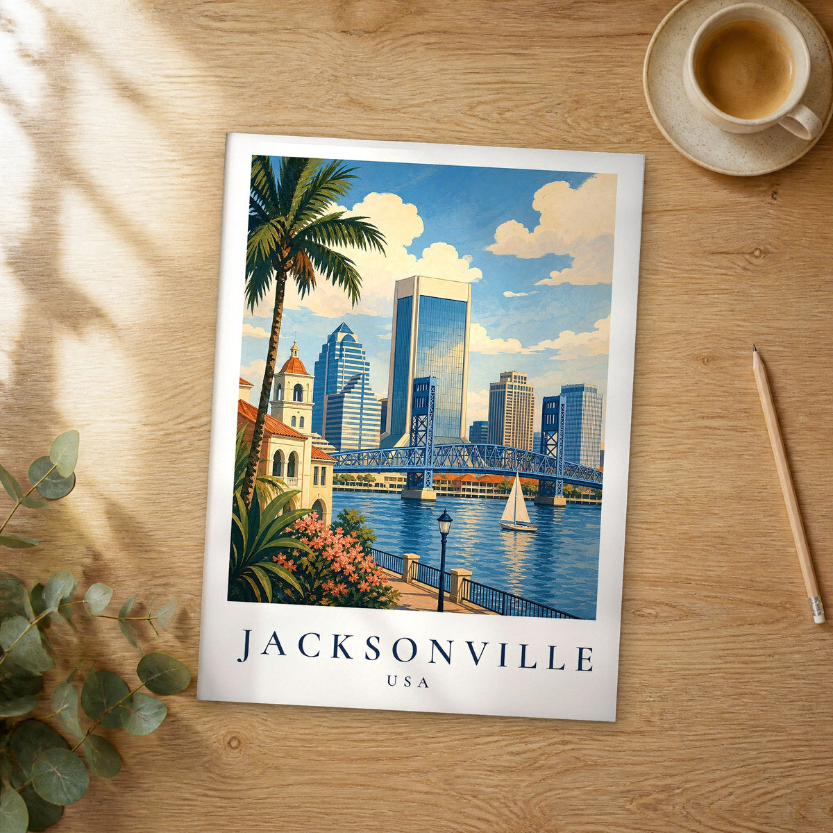 Unframed Jacksonville vintage travel poster on a wooden table