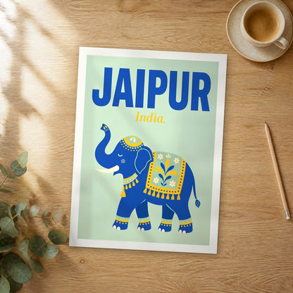 Unframed Jaipur pop art travel poster on a wooden table