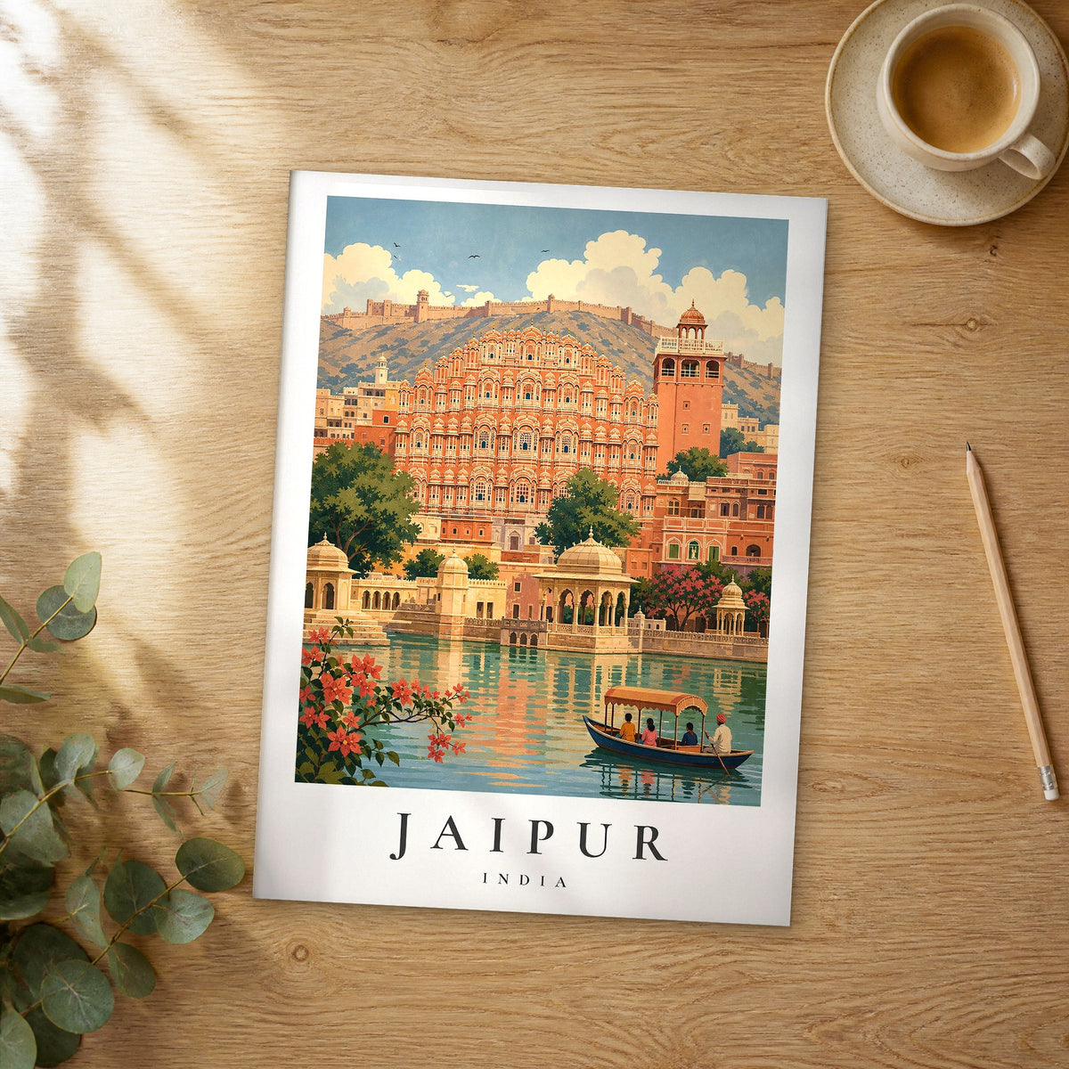 Unframed Jaipur vintage travel poster on a wooden table