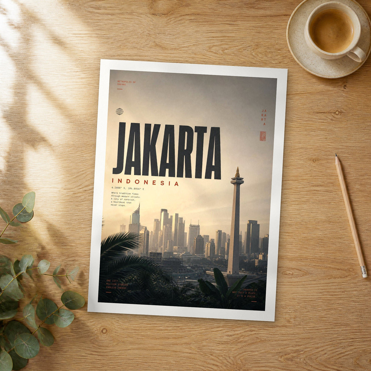 Unframed Jakarta bold typography travel poster on a wooden table