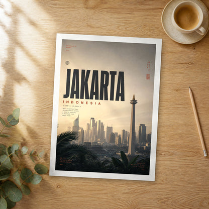 Unframed Jakarta bold typography travel poster on a wooden table