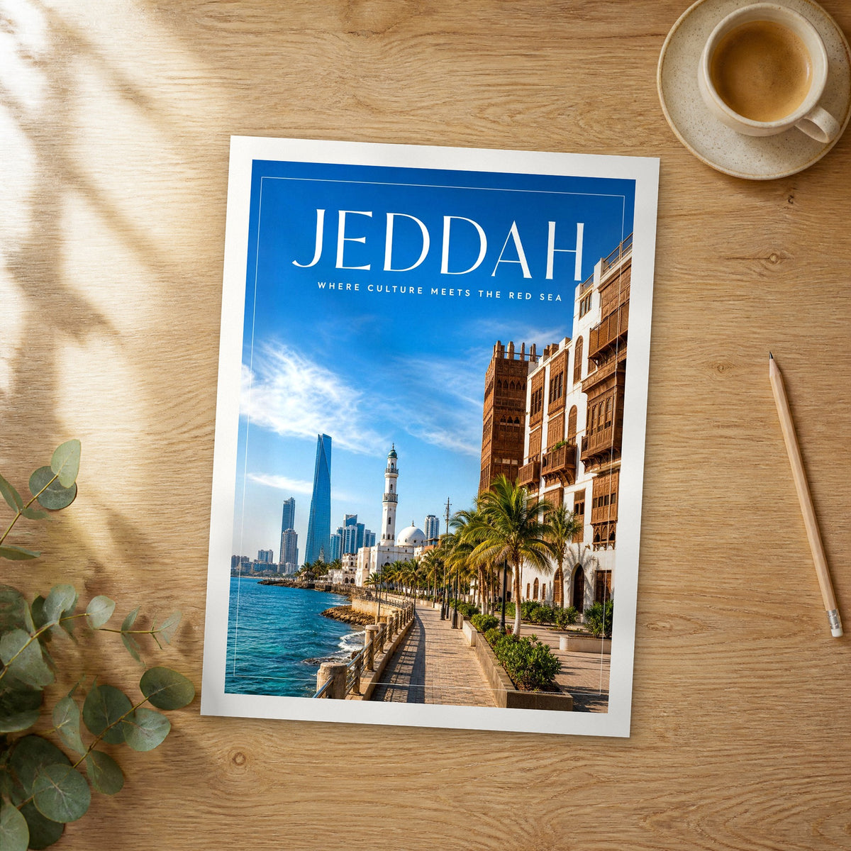 Unframed Jeddah editorial travel poster on a wooden table