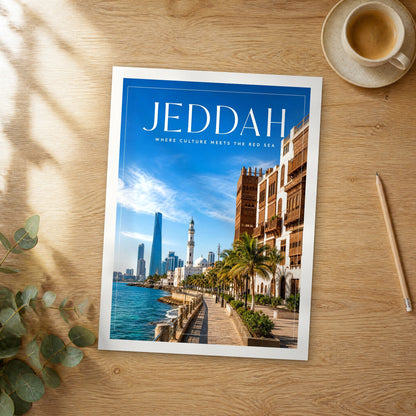 Unframed Jeddah editorial travel poster on a wooden table