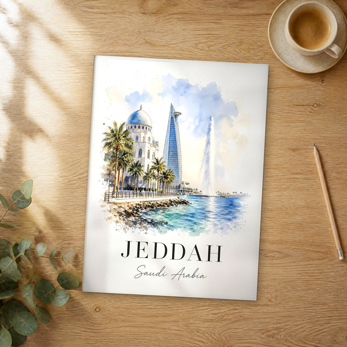 Unframed Jeddah watercolor travel poster on a wooden table