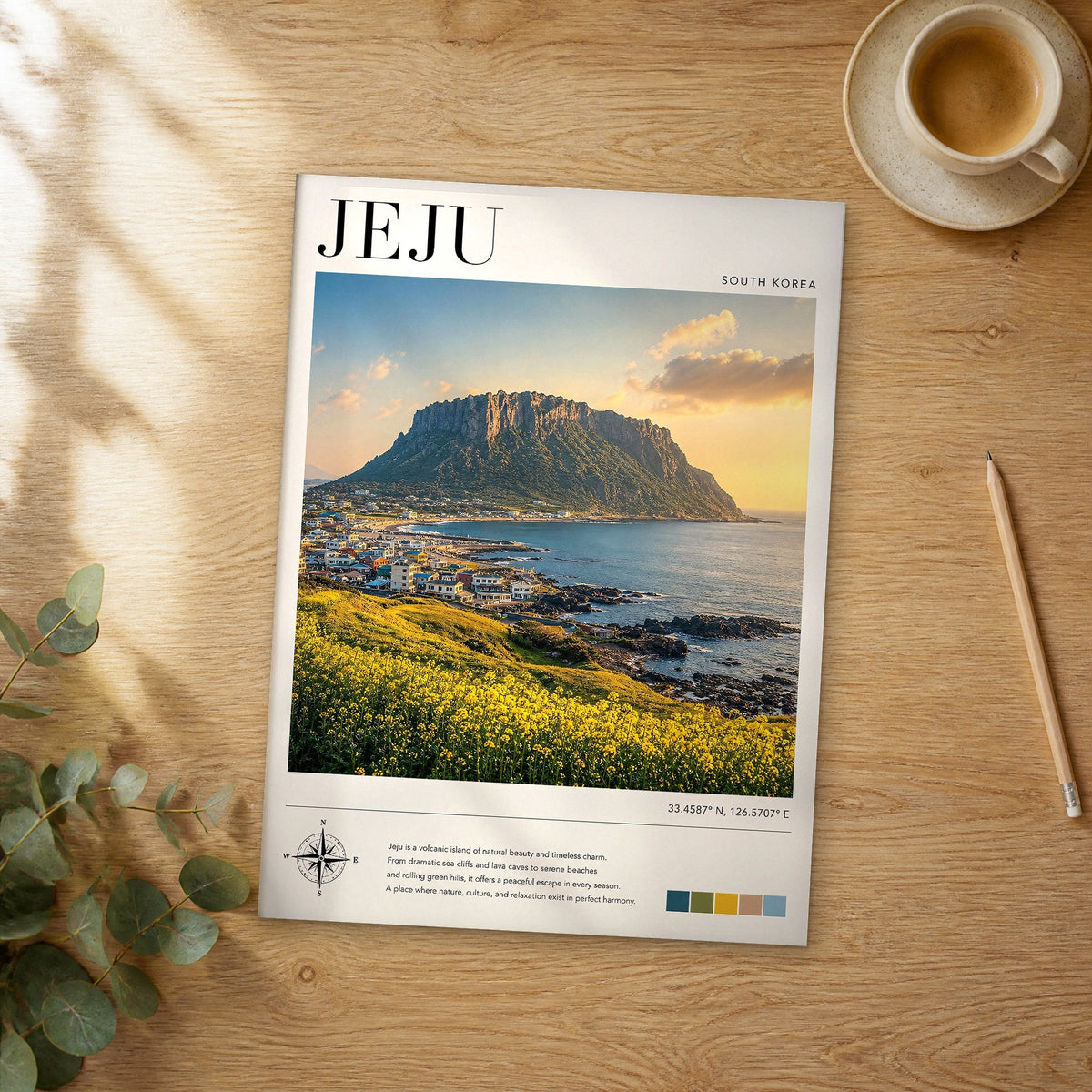 Unframed Jeju modern photography travel poster on a wooden table