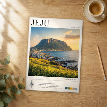 Unframed Jeju modern photography travel poster on a wooden table