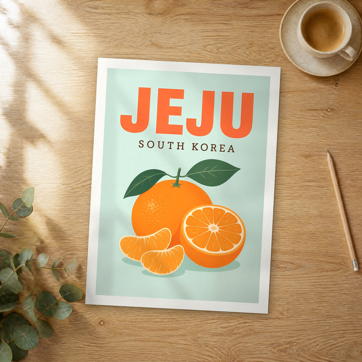 Unframed Jeju pop art travel poster on a wooden table