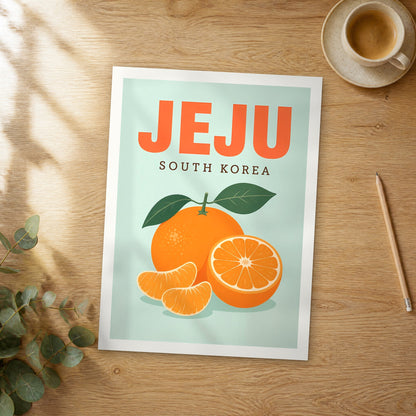 Unframed Jeju pop art travel poster on a wooden table
