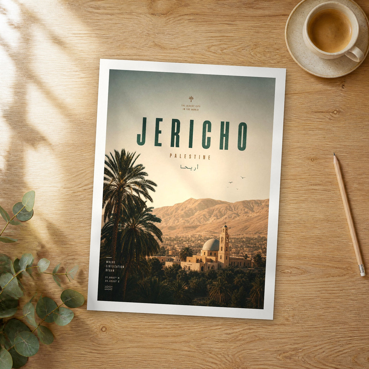 Unframed Jericho bold typography travel poster on a wooden table