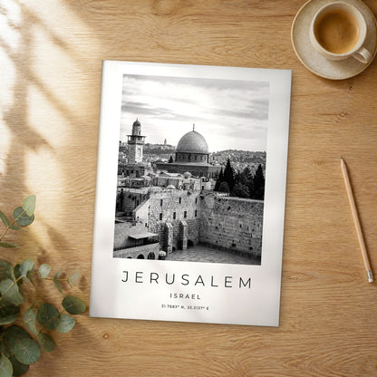 Unframed Jerusalem black and white travel poster on a wooden table