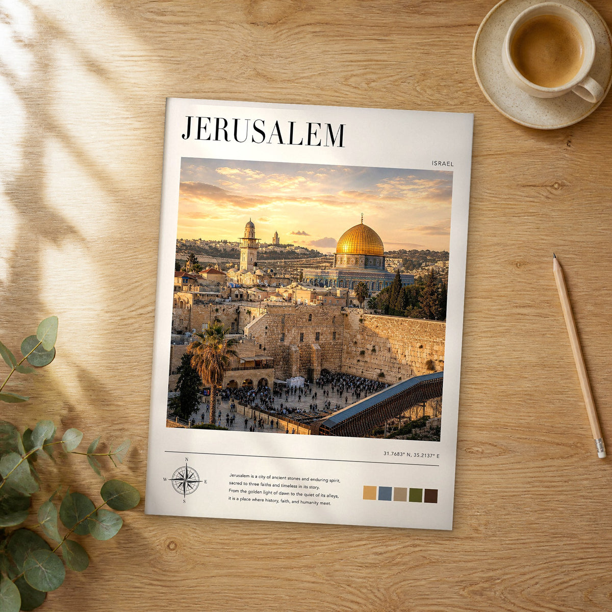 Unframed Jerusalem modern photography travel poster on a wooden table