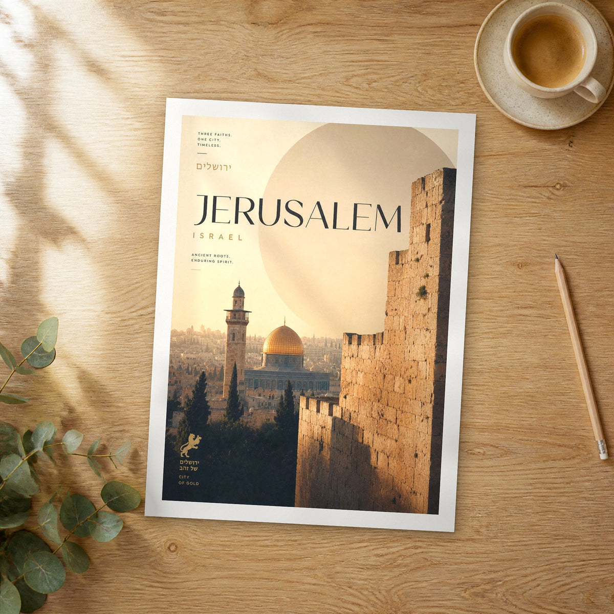 Unframed Jerusalem Old City Walls bold typography travel poster on a wooden table