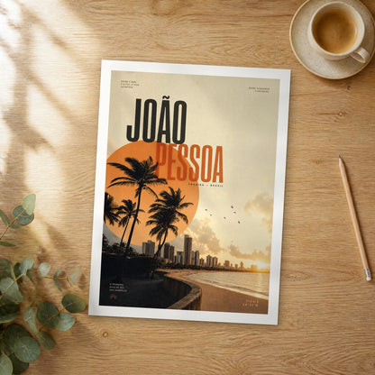 Unframed João Pessoa bold typography travel poster on a wooden table